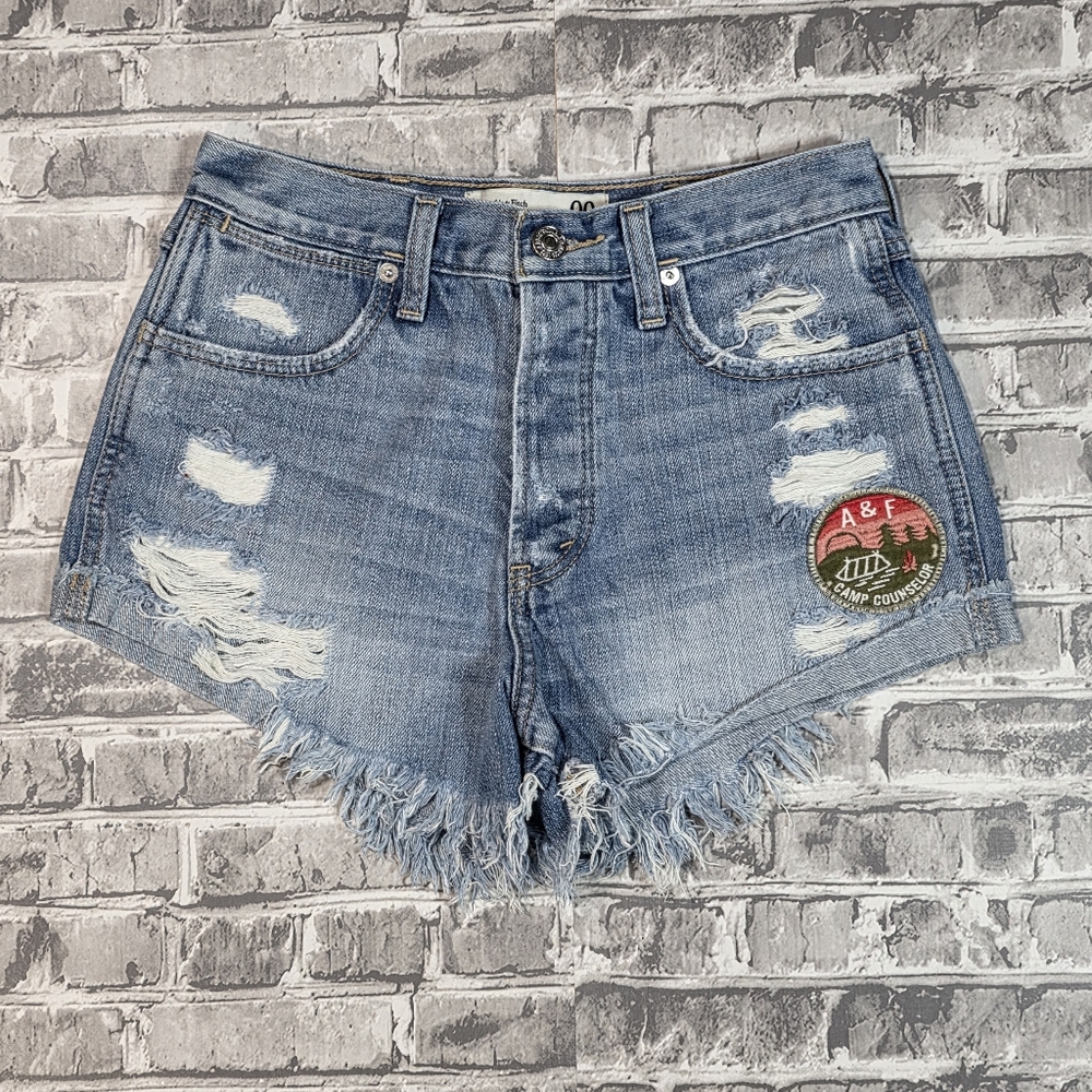 Abercrombie & Fitch Women's High Rise Jean Shorts, Button Fly, Patches • Size 24